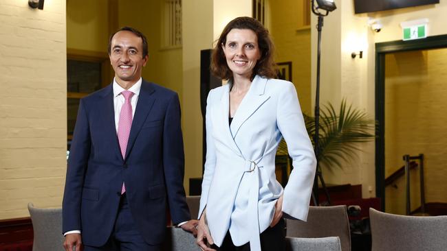 Liberal MP Dave Sharma and Independent candidate for Wentworth Allegra Spender during the Sky News Wentworth People’s Forum. Picture: Richard Dobson