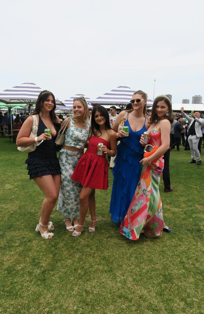 Lauren, Stella, Maddy, Chelsea and Mia at Seppelt Wines Stakes Day 2024 at Flemington Racecourse. Picture: Gemma Scerri