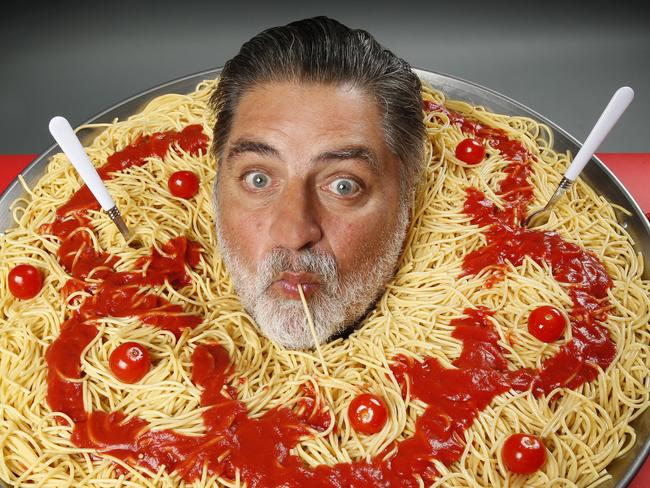 EMBARGOED SATURDAY 15th Feb. Matt Preston looses his head over the Big Spaghetti cook-off during the Melbourne Food and Wine Festival.       Picture: David Caird