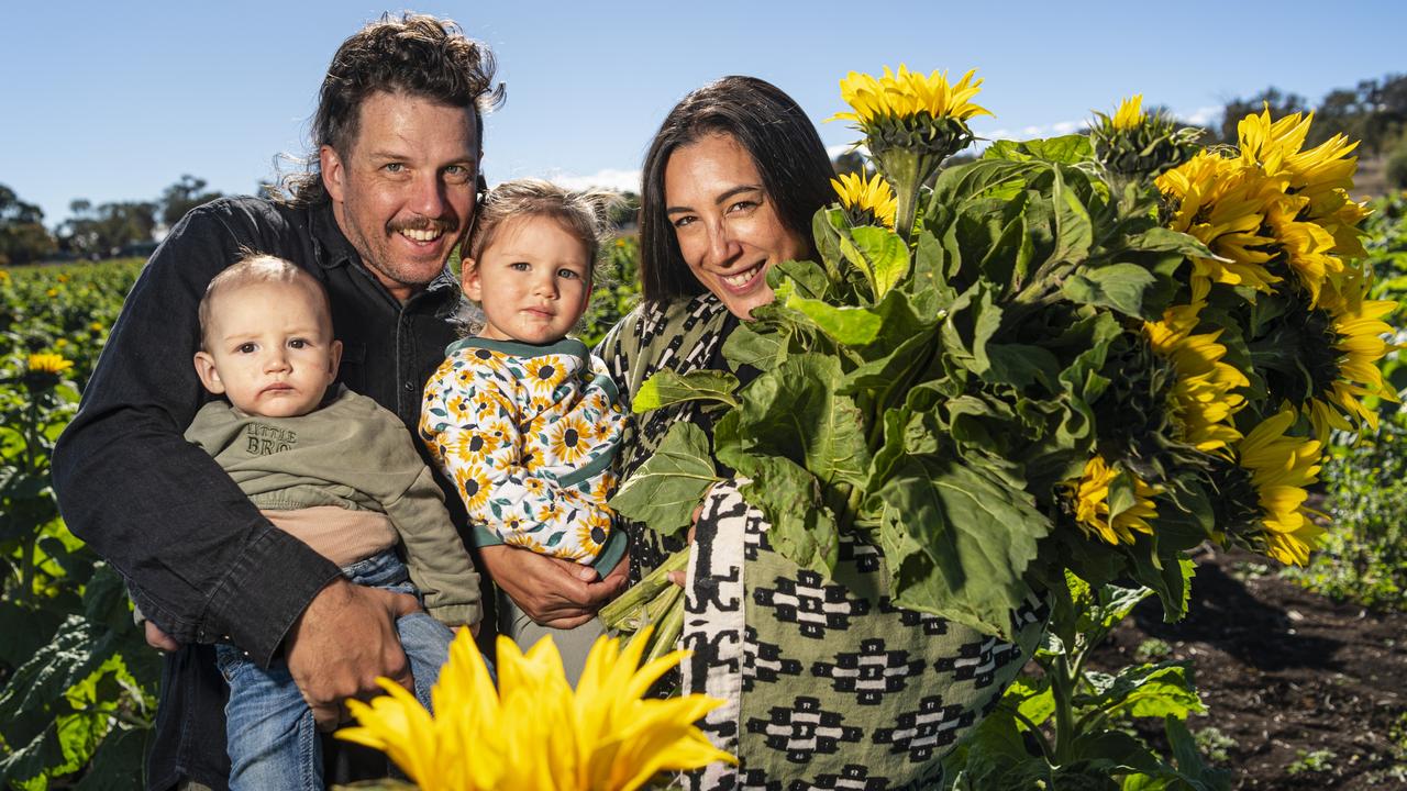 Matt and Miki Mullen with their kids Jack and Mini at Warraba Sunflowers, Saturday, June 22, 2024. Picture: Kevin Farmer