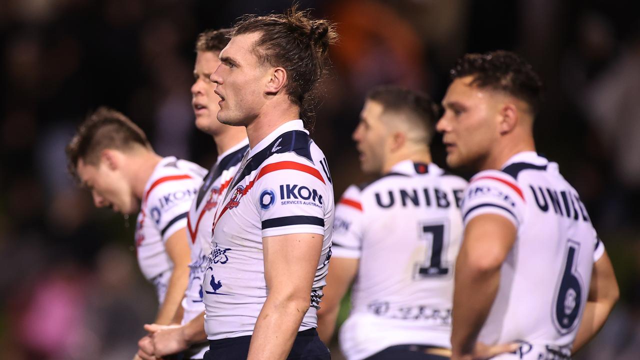 PENRITH, AUSTRALIA - JUNE 18: Angus Crichton of the Roosters looks on after the Panthers scored a try during the round 15 NRL match between the Penrith Panthers and the Sydney Roosters at Panthers Stadium, on June 18, 2021, in Penrith, Australia. (Photo by Mark Kolbe/Getty Images)