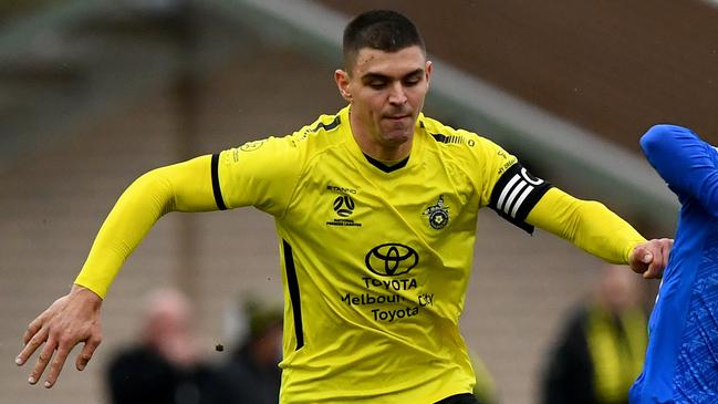 Ajdin Fetahagic of Heidelberg United and Kristian Trajceski of Avondale compete for the ball during the round 22 NPL VIC Mens match between Heidelberg United and Avondale at John Cain Memorial Park in Thornbury, Victoria on July 15, 2023. (Photo by Josh Chadwick)