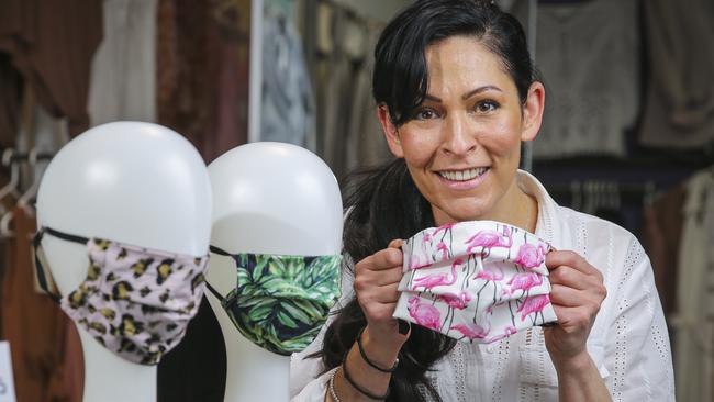 Taxi Designs store manager Connie Stylianou has created affordable fashionable face masks at her Armada Dandenong Plaza store. Picture: Wayne Taylor