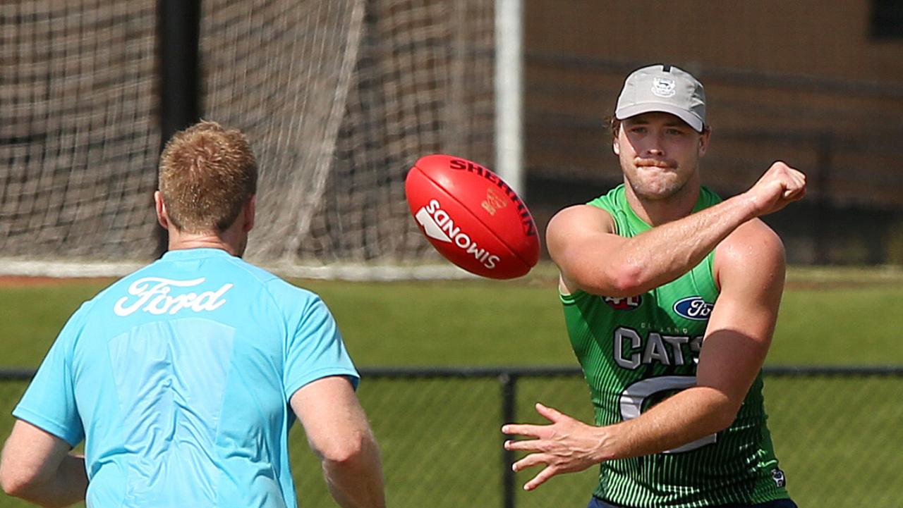 Jack Steven and Matthew Knights at the Cats final training season for 2019. Picture: Alison Wynd