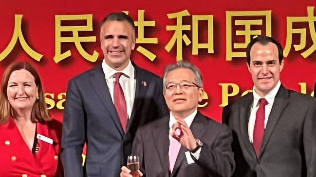 Rebekha Sharkie , Premier Peter Malinauskas , Adelaide consul-general Li Dong and Opposition Leader Vincent Tarzia . Picture: Paul Starick