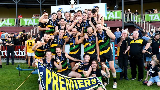 Dromana pose with the premiership cup after winning the 2023 MPFNL Division One grand final. (Photo by Josh Chadwick)