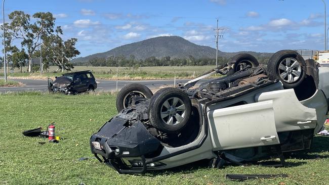 A horror two vehicle crash involving a caravan on the Bruce Highway at Marlborough. Pictures: CapRescue