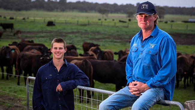 Geoff Pearson and son Cooper at his property at Myalup, WA. Picture: Colin Murty/The Australian