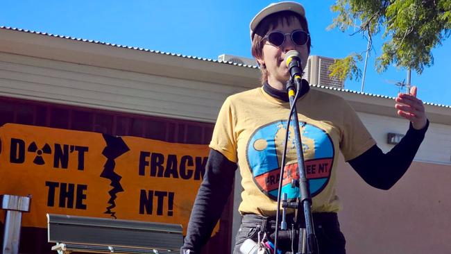 Arid Lands Environment Centre fracking campaigner Hannah Ekin at the Central Australian Frack Free Alliance anti-fracking gathering in Alice Springs Sunday, July 21, 2024.