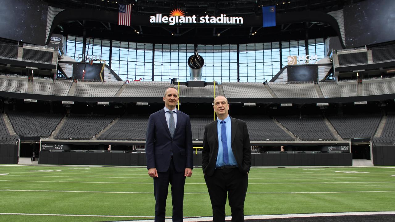 Peter V’landys and NRL chief executive Andrew Abdo at Allegiant Stadium in Las Vegas. Picture: Supplied