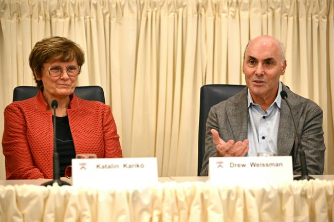 Nobel prize winners Katalin Kariko and Drew Weissman at a a press conference in the University of Pennsylvania on Monday