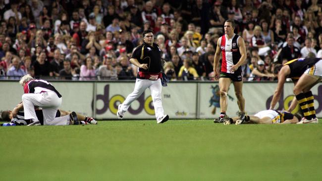 It was a scary scene at the then-Telstra Dome. Picture: Kelly Barnes