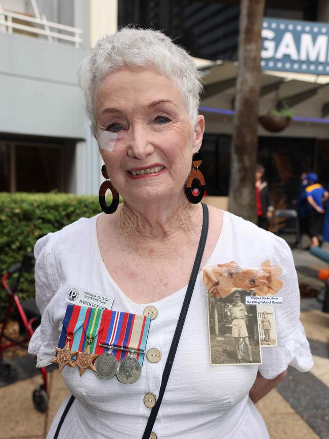 Judith Eleanor at the Surfers Paradise RSL Anzac Day noon service 2025 at Cavill Park for Gold Coast at Large. Picture, Portia Large.