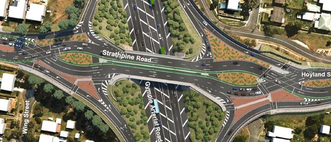 An artist impression of the proposed Strathpine Rd/Gympie Arterial Rd diverging diamond interchange. Source: Department of Transport and Main Roads