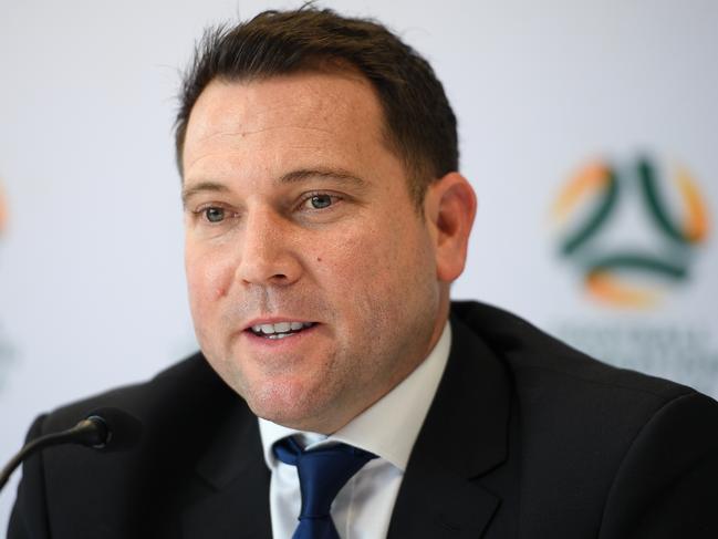 Newly appointed FFA CEO James Johnson speaks to the media during a press conference at the Football Federation Australia (FFA) headquarters in Sydney, Wednesday, January 15, 2020. (AAP Image/Dan Himbrechts) NO ARCHIVING