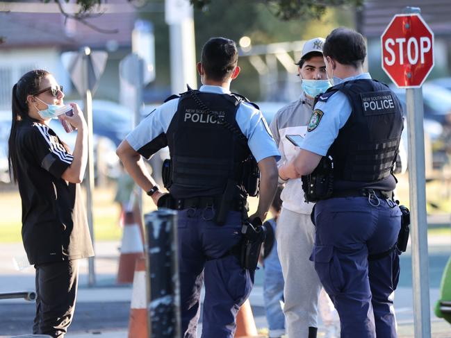 Police officers do Covid-19 Compliance checks at Harold Moon reserve in Auburn. Picture: News Corp