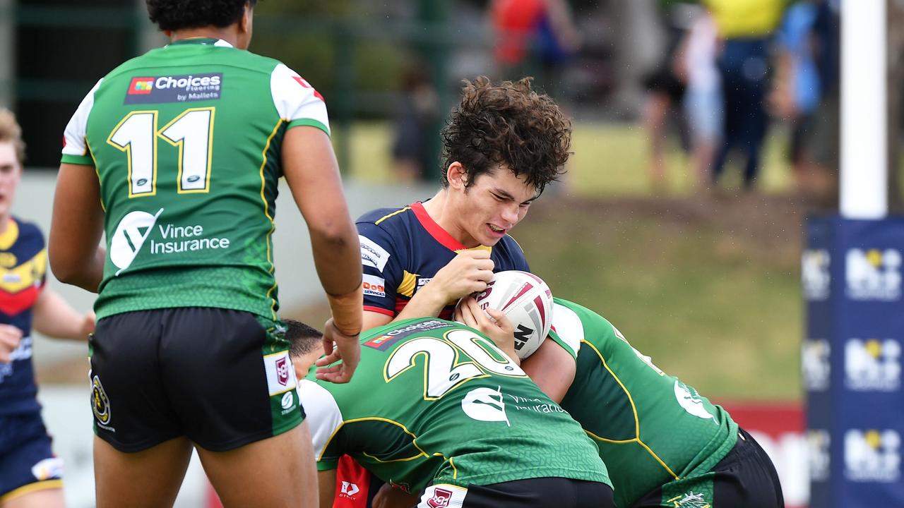 Clydesdales Bailey Rathmell takes on the Ipswich Jets line during a Mal Meninga Cup match. Picture: Patrick Woods.