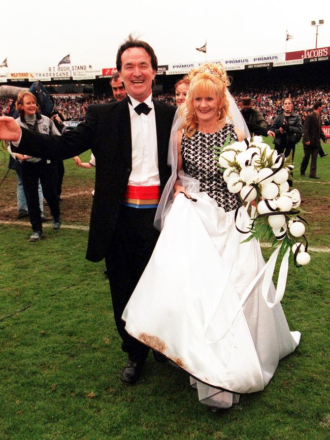 Kevin Bear and Jennie Hallam after their wedding during the half time break.