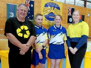 Cr Neil Fisher, Ethan Jackson, Madison Jaggers McPhee and Kelly Smith (Education Officer RRC WWaste and Recycling) at Mt Archer School. Picture: Jann Houley