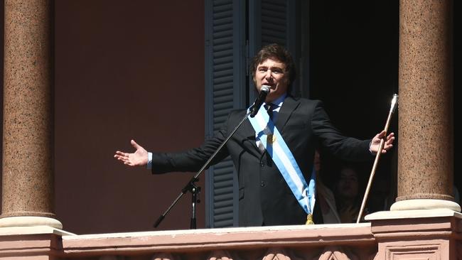 Argentinian President Javier Milei after his Inauguration ceremony at Casa Rosada presidential palace in Buenos Aires on Sunday. Picture: Getty Images