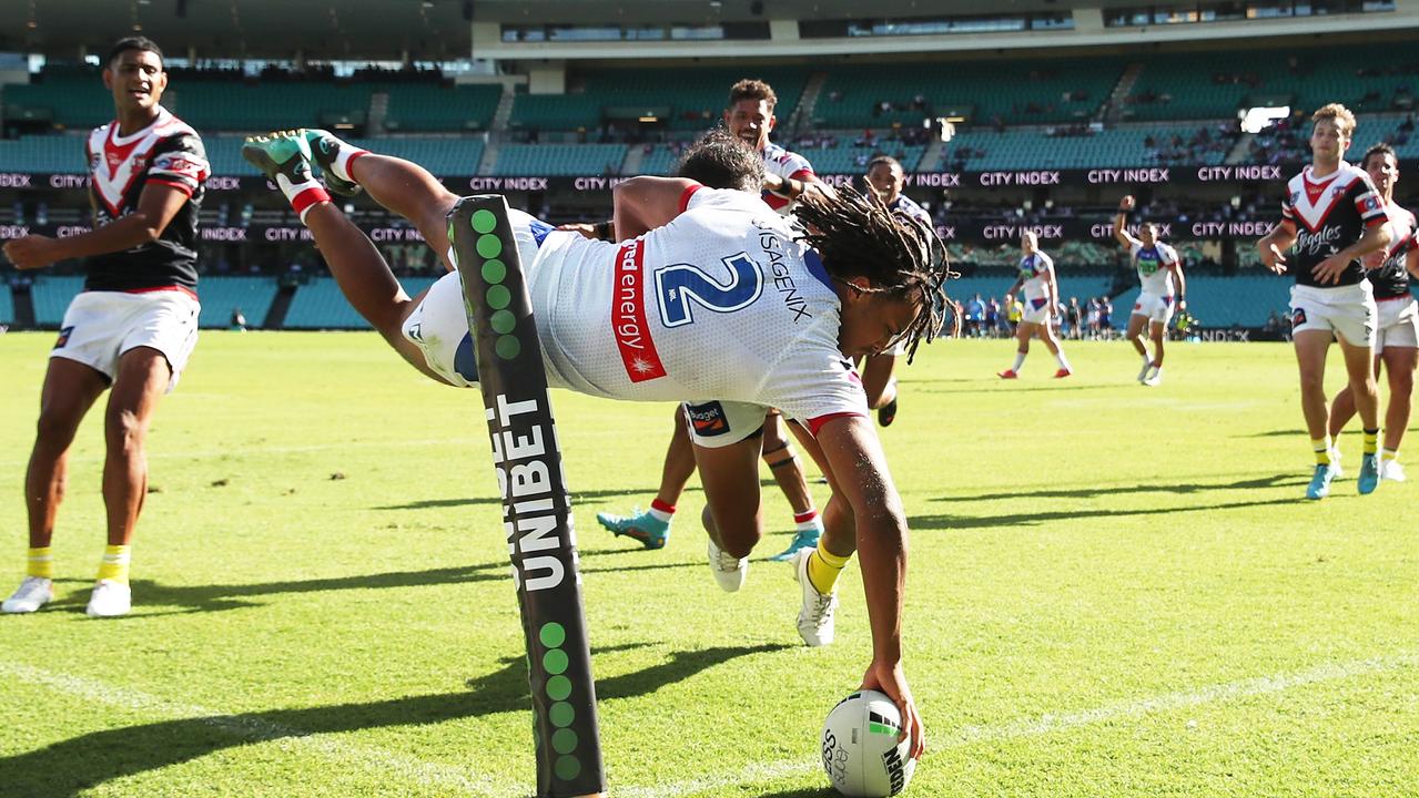 The Roosters are trying to sign Dom Young from the Knights. He showed his class with this try against them last year. Picture: Matt King / Getty Images