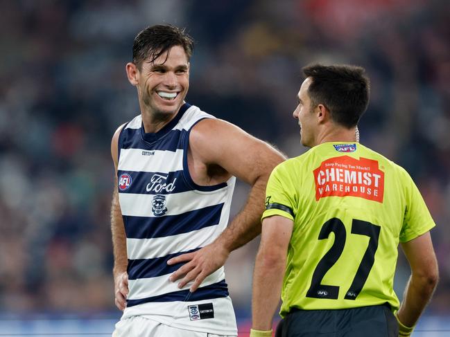 MELBOURNE, AUSTRALIA - MAY 04: Tom Hawkins of the Cats is seen talking to AFL Field Umpire, Andre Gianfagna during the 2024 AFL Round 08 match between the Melbourne Demons and the Geelong Cats at The Melbourne Cricket Ground on May 04, 2024 in Melbourne, Australia. (Photo by Dylan Burns/AFL Photos via Getty Images)