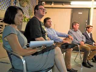 FACING OFF: Belinda Hassan (Labor), George Christensen (LNP), Brendan Bunyan (KAP), Colin Thompson (United Australia Party) and Lachlan Queenan (independent) at Tuesday night's Dawson Candidate Debate in Bowen. Picture: Jordan Gilliland