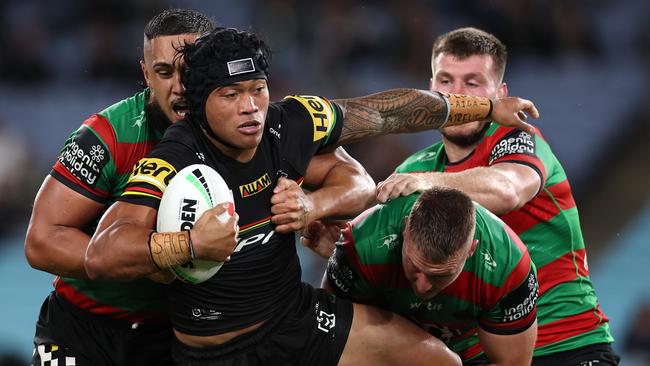 SYDNEY, AUSTRALIA - MAY 02:  Brian To'o of the Panthers is tackled during the round nine NRL match between South Sydney Rabbitohs and Penrith Panthers at Accor Stadium on May 02, 2024, in Sydney, Australia. (Photo by Cameron Spencer/Getty Images)