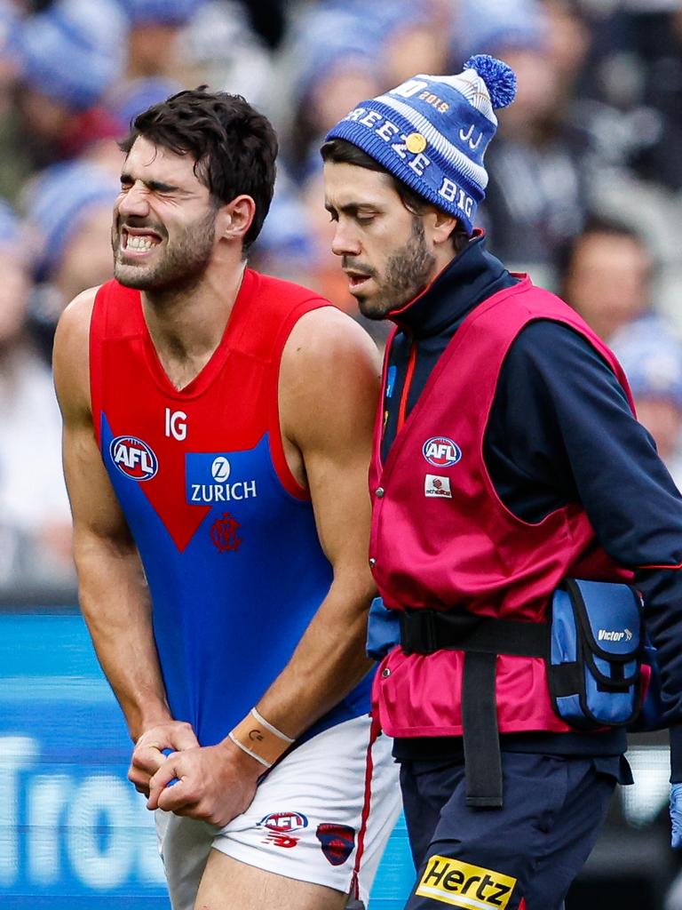 And in pain walking off the ground. Picture: Dylan Burns/AFL Photos