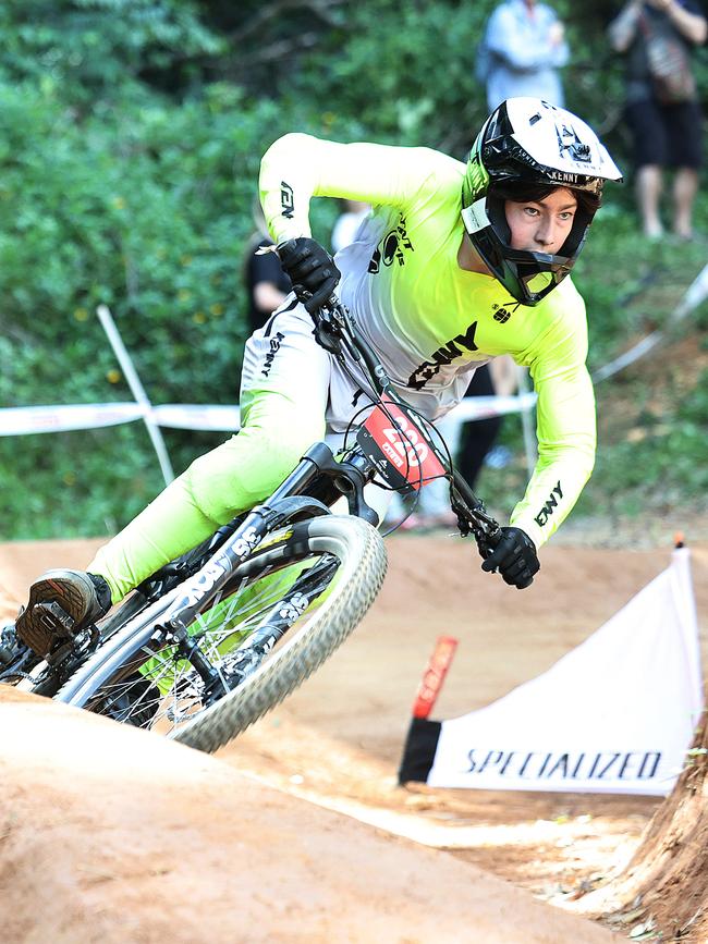 Bailey Mills competes in the U19 Men's Dual Slalom quarter finals at the first day of the Cairns round of the Crankworx World Tour, held at the Smithfield Mountain Bike Park. Picture: Brendan Radke