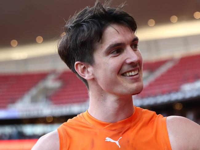 SYDNEY, AUSTRALIA – AUGUST 17: Sam Taylor of the Giants celebrates victory following the round 23 AFL match between Greater Western Sydney Giants and Fremantle Dockers at ENGIE Stadium on August 17, 2024 in Sydney, Australia. (Photo by Jason McCawley/AFL Photos/via Getty Images)