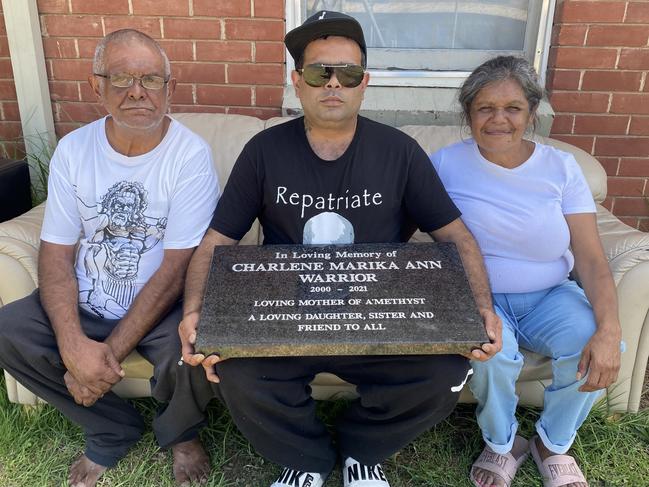 The family of Charlene Warrior - Kenneth Newchurch, Clifford Warrior and Alma Warrior - outside their Seaton home this week. Picture: Kathryn Bermingham