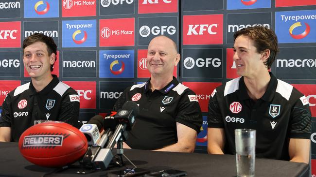 There were more wry smiles from Zak Butters, left, on Monday as the Power unveiled Connor Rozee has captain. Picture: NCA NewsWire / David Mariuz