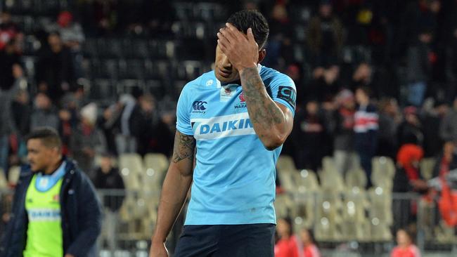 Israel Folau of the Waratahs reacts after the loss at AMI Stadium in Christchurch.