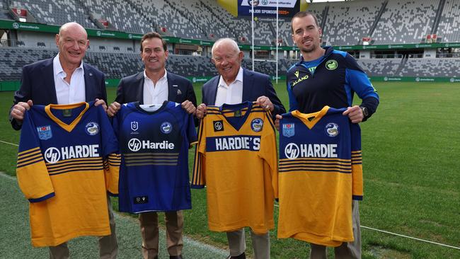 Eels former player Peter Wynn, James Hardie chief executive Aaron Erter, player Steve Edge and Clint Gutherson have welcomed back. Picture: Rohan Kelly