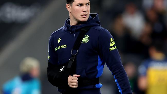 SYDNEY, AUSTRALIA - JULY 26: Mitchell Moses of the Eels looks on prior to the round 21 NRL match between Parramatta Eels and Melbourne Storm at CommBank Stadium, on July 26, 2024, in Sydney, Australia. (Photo by Brendon Thorne/Getty Images)