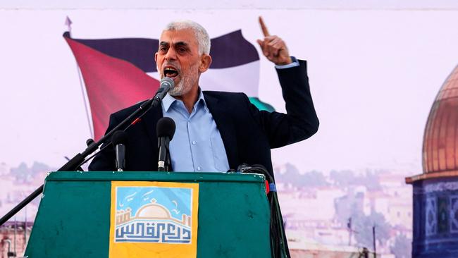 Yahya Sinwar addresses supporters during a rally in April. Picture: AFP