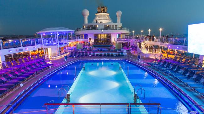 Evening view across the pool deck