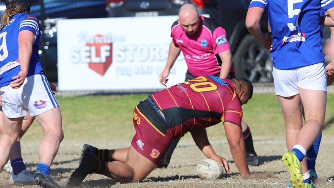 Peter Moata'ane scores for Thirlmere Roosters. Picture: Steve Montgomery.