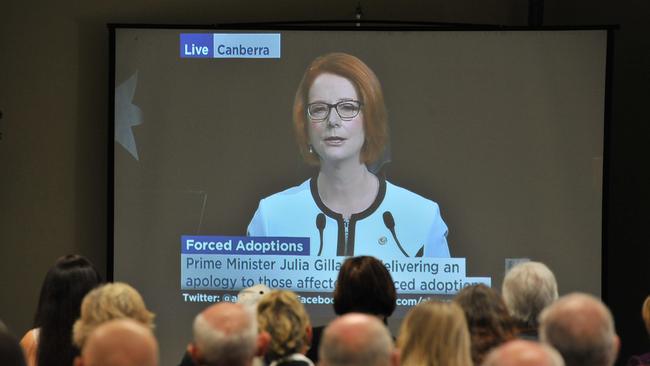 Julia Gillard addressing the forced adoptions national apology at MacKillop family services Melbourne. Picture: AAP Image/Julian Smith