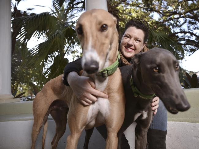 Emily Saker with greyhounds Sadie and Frankie. Picture: AAP Image/Flavio Brancaleone