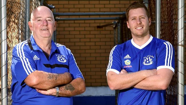 Ex-Modbury Soccer Club player and coach Nick James with first team captain Paul Reilly. Picture: Mike Burton