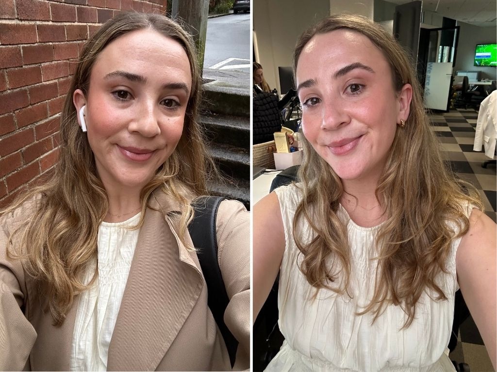 Here's what the Charlotte Tilbury Unreal Skin Foundation Stick looked like in the morning, and then after a 2pm pilates class.