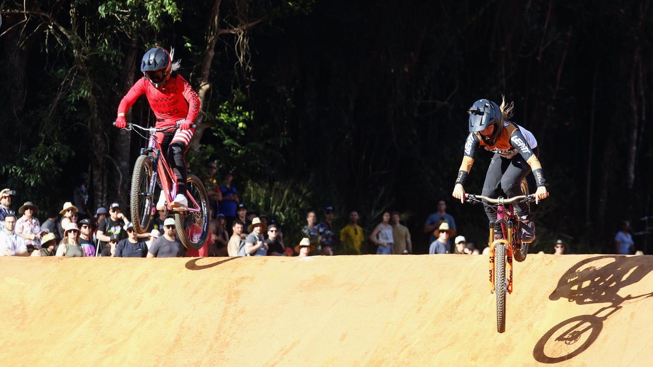 Caroline Buchanan and Jenna Hastings compete in the Speed &amp; Style competition on Day Two of the Crankworx Cairns mountain bike festival, held at the Smithfield Mountain Bike Park. Picture: Brendan Radke