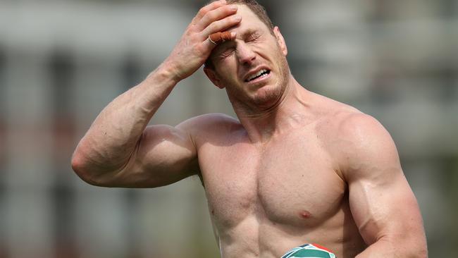 TOKYO, JAPAN - SEPTEMBER 25:  David Pocock of Australia wipes away sweat during a training session at Urayasu Park on September 25, 2019 in Tokyo, Japan. (Photo by Dan Mullan/Getty Images)