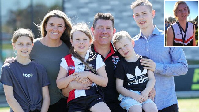 Brett Ratten with wife Jo and children Jorja, Tilly, Will and Tanner after he was appointed St Kilda and (inset) the late Cooper Ratten.