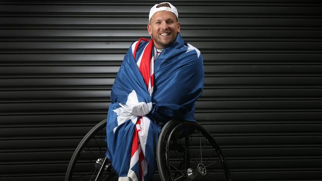 Dylan Alcott is auctioning off the special Nike shoes which he’ll wear in Saturday’s quad wheelchair singles final. Picture: Michael Klein