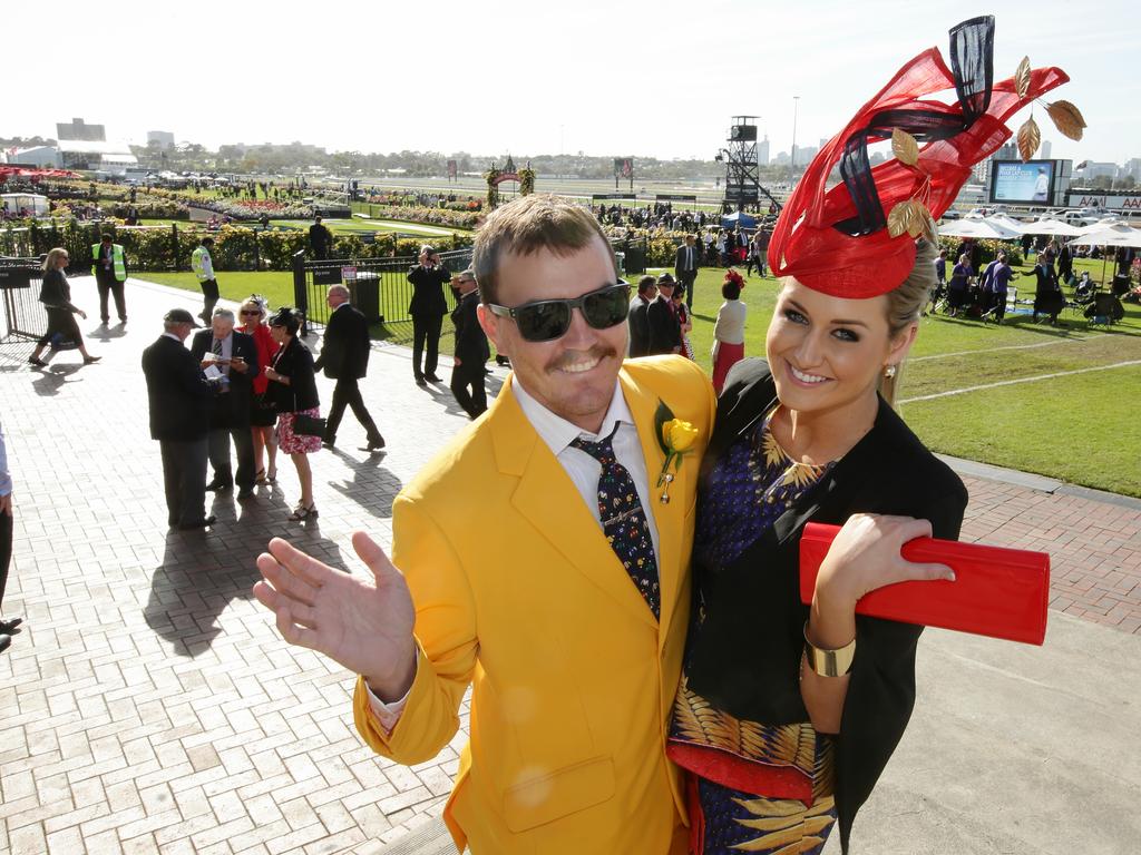 2015 Melbourne Cup Day colour at Flemington Racecourse. Colour at cup L to R Mitchell Power and Floss McIntosh from Blackwater Central Qld. Picture Andrew Tauber