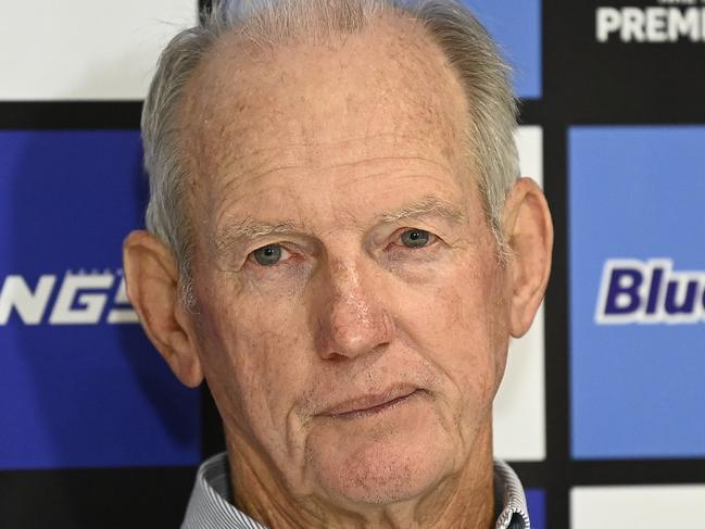 TOWNSVILLE, AUSTRALIA - APRIL 07: Dolphins coach Wayne Bennett speaks at the post match press conference at the end of the round six NRL match between North Queensland Cowboys and Dolphins at Qld Country Bank Stadium on April 07, 2023 in Townsville, Australia. (Photo by Ian Hitchcock/Getty Images)