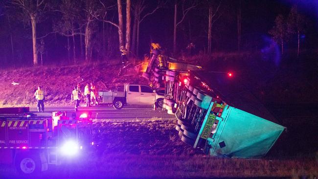 The truck spun out of control before slamming into an embankment on the M7 northbound at Cecil Hills between Elizabeth Drive and Cowpasture Road. Picture: Dean Asher